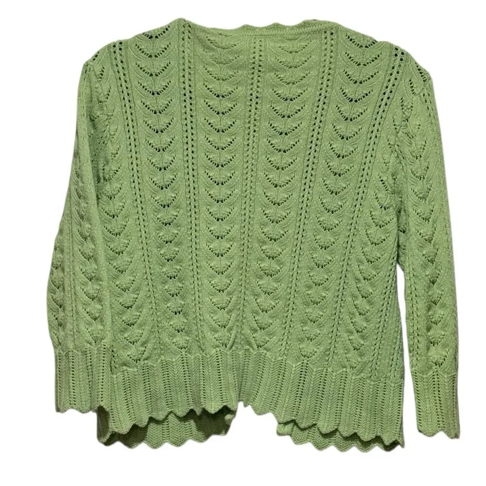 Y2K Cropped Apple Green Open Pointelle Knit Womens Cardigan Sweater Size Small